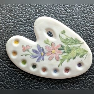 Hand Painted Signed Colorful Floral Ceramic Paint Palette Brooch